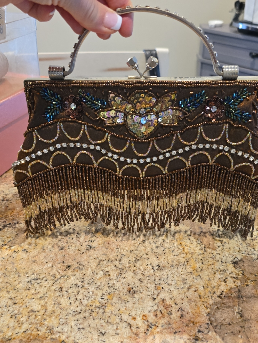Embellished Brown Beaded Fringe Evening Clutch